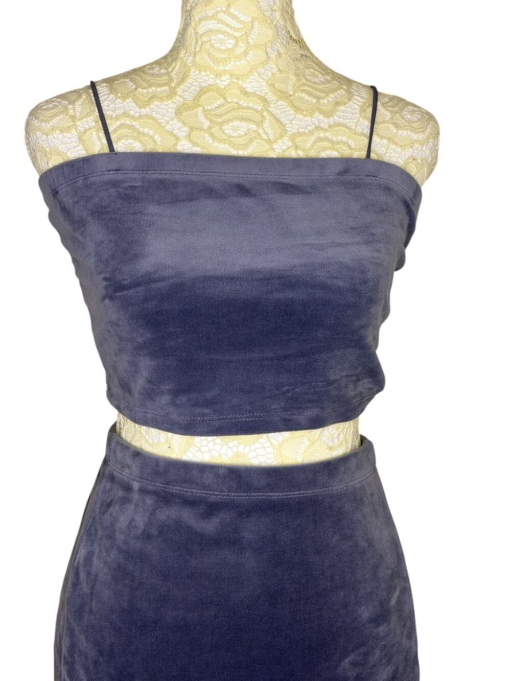 Forever 21 2 Piece Set Bandeau Top Mini Skirt Velvet Velour Blue Gray M - Picture 2 of 6